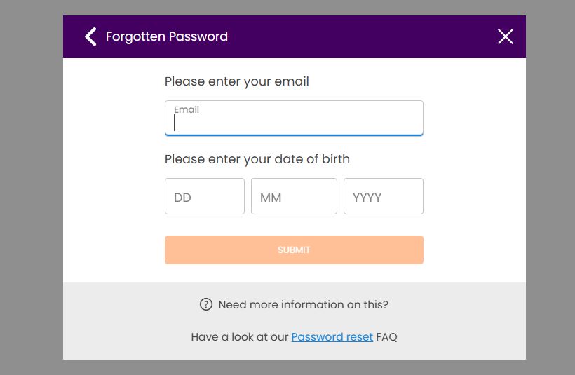 Reset your Foxy account password by entering your email and date of birth